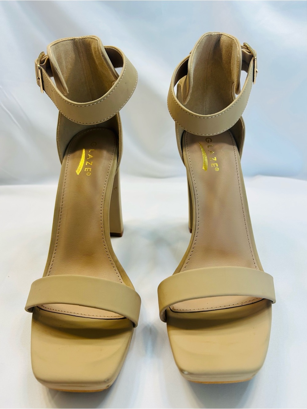 Glaze Beige Square-Toe Block Heel Sandals with Ankle Strap